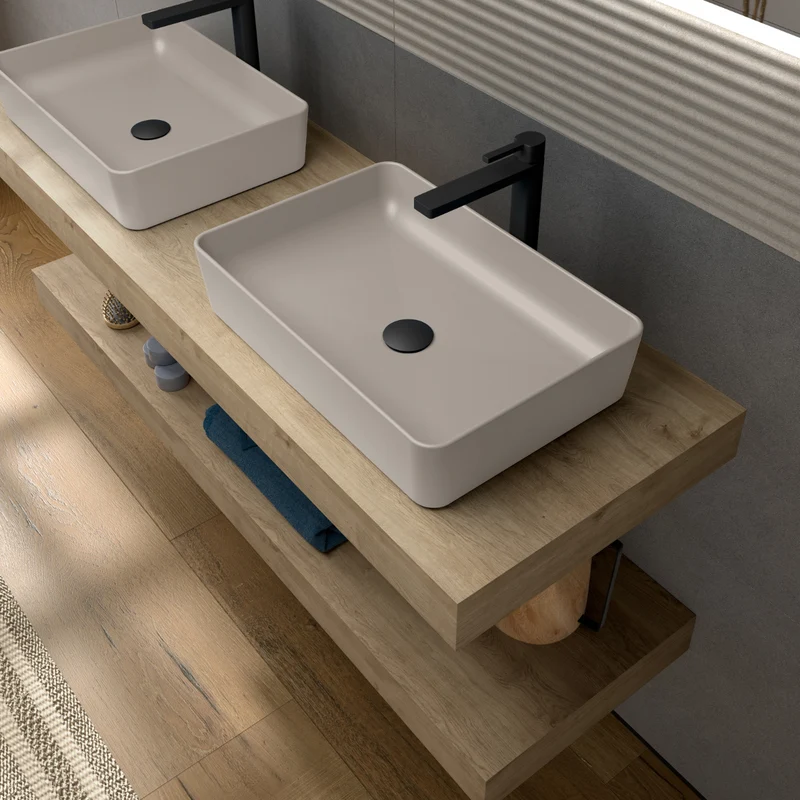 Curazao Lavabo Sobre Encimera Resina y Carga Mineral Moka | Lavamanos Baño para Encimera Rectangular | 51x34cm