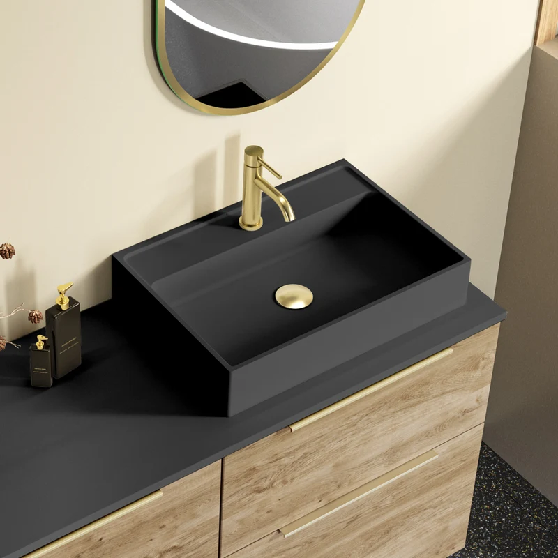Saona Lavabo Sobre Encimera Resina Negro | Lavamanos Baño para Encimera Rectangular | 51,5 cm