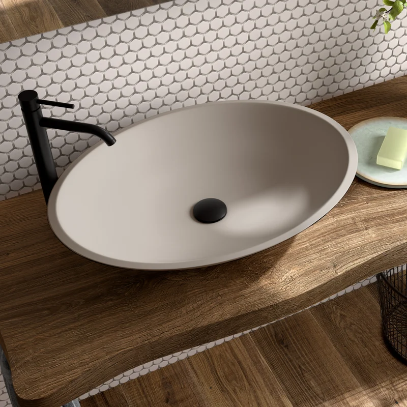 Orbit Lavabo Sobre Encimera Resina Moka | Lavamanos Baño para Encimera Ovalado | 57cm de Diámetro