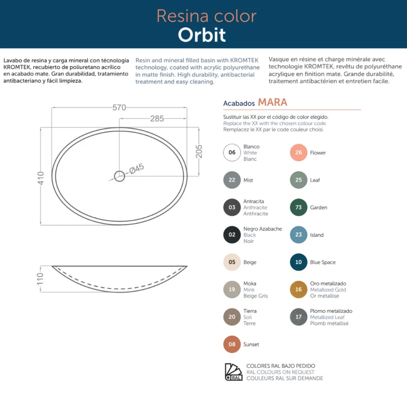 Orbit Lavabo Sobre Encimera Resina Leaf | Lavamanos Baño para Encimera Ovalado | 57cm de Diámetro
