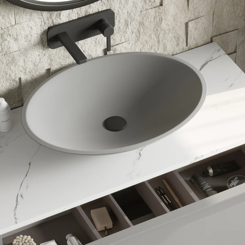 Orbit Lavabo Sobre Encimera Resina Gris | Lavamanos Baño para Encimera Ovalado | 57cm de Diámetro