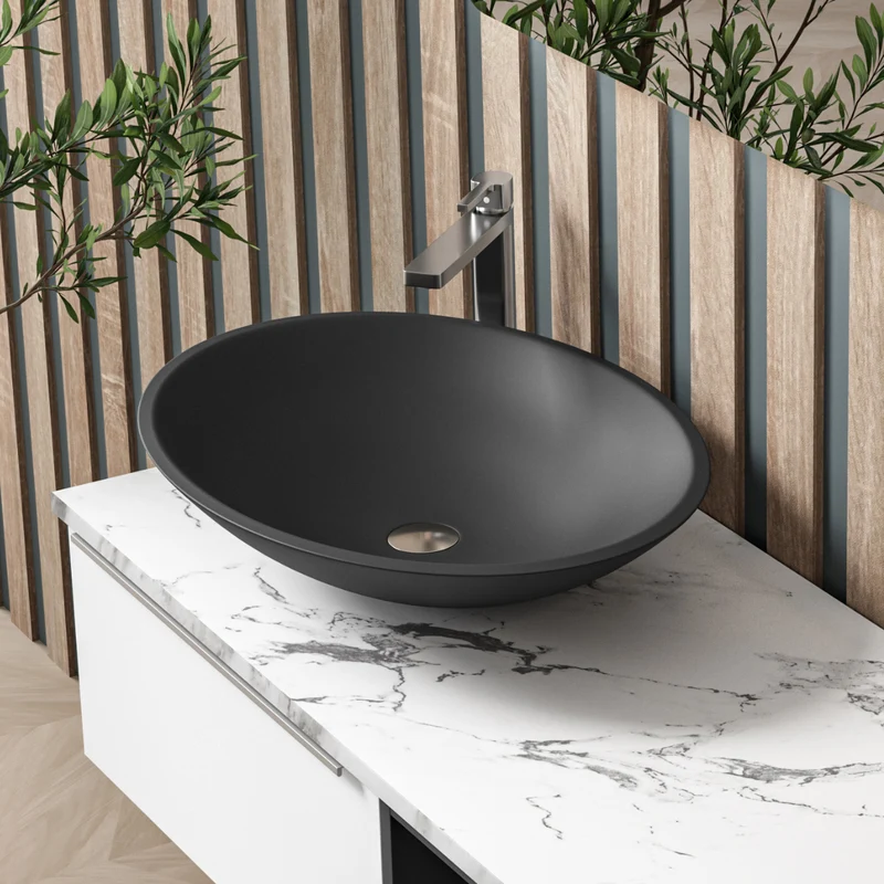 Orbit Lavabo Sobre Encimera Resina Negro | Lavamanos Baño para Encimera Ovalado | 57cm de Diámetro