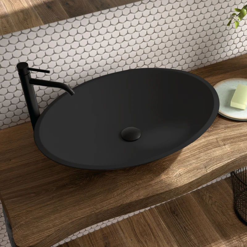 Orbit Lavabo Sobre Encimera Resina Negro | Lavamanos Baño para Encimera Ovalado | 57cm de Diámetro