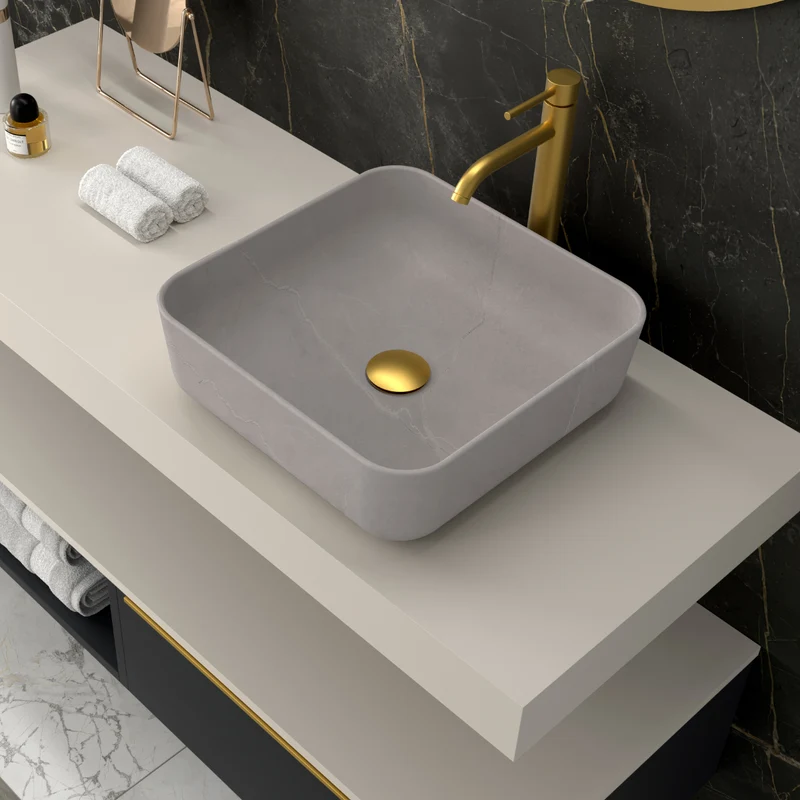 Barbados Lavabo Sobre Encimera Resina Gris Cemento | Lavamanos Baño para Encimera Cuadrado | 37x37cm