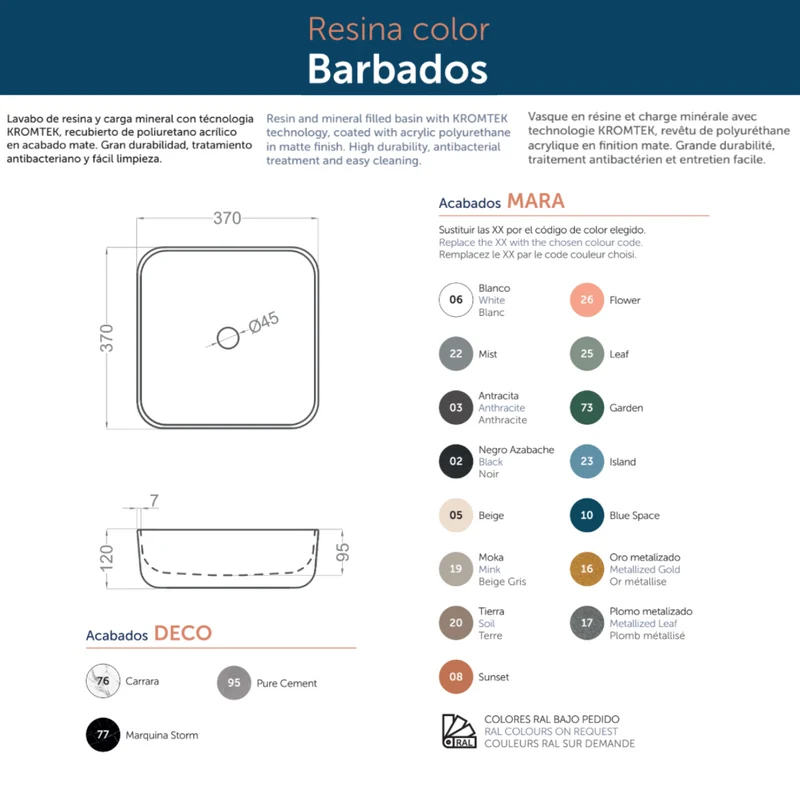 Barbados Lavabo Sobre Encimera Resina Carrara | Lavamanos Baño para Encimera Cuadrado | 37x37cm