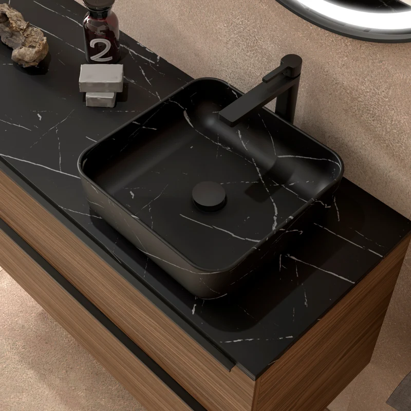 Barbados Lavabo Sobre Encimera Resina Marquina Storm | Lavamanos Baño para Encimera Cuadrado | 37x37cm