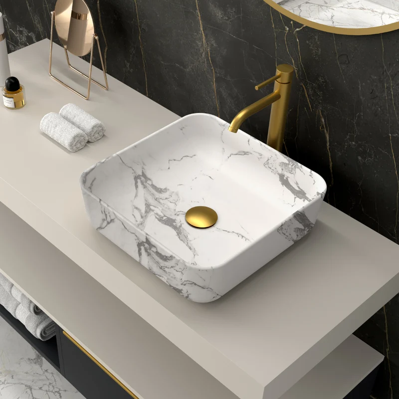 Barbados Lavabo Sobre Encimera Resina Carrara | Lavamanos Baño para Encimera Cuadrado | 37x37cm