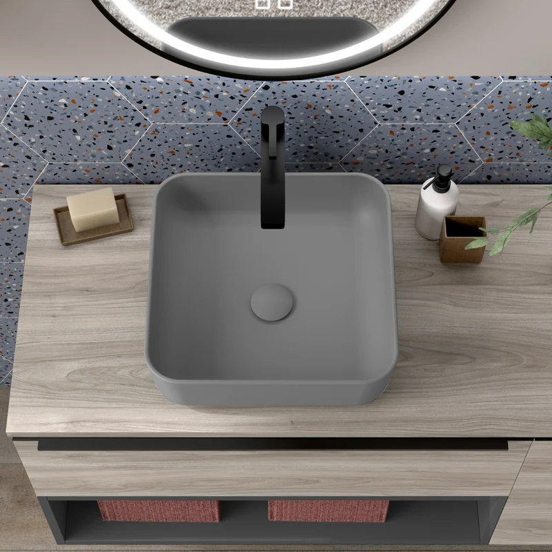 Barbados Lavabo Sobre Encimera Resina Gris | Lavamanos Baño para Encimera Cuadrado | 37x37cm