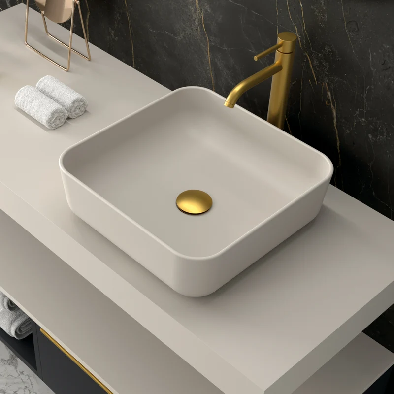 Barbados Lavabo Sobre Encimera Resina Moka | Lavamanos Baño para Encimera Cuadrado | 37x37cm
