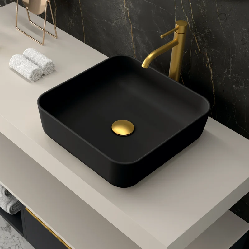 Barbados Lavabo Sobre Encimera Resina Negro | Lavamanos Baño para Encimera Cuadrado | 37x37cm