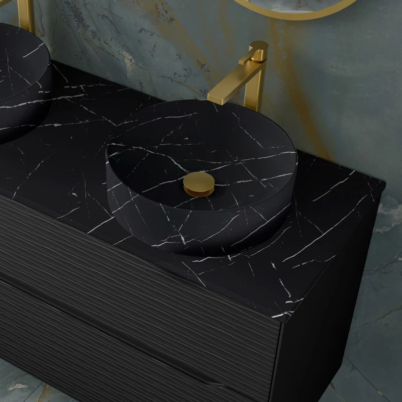 Aruba Lavabo Sobre Encimera Resina Marquina Storm | Lavamanos Baño para Encimera Redondo | 37cm de Diámetro