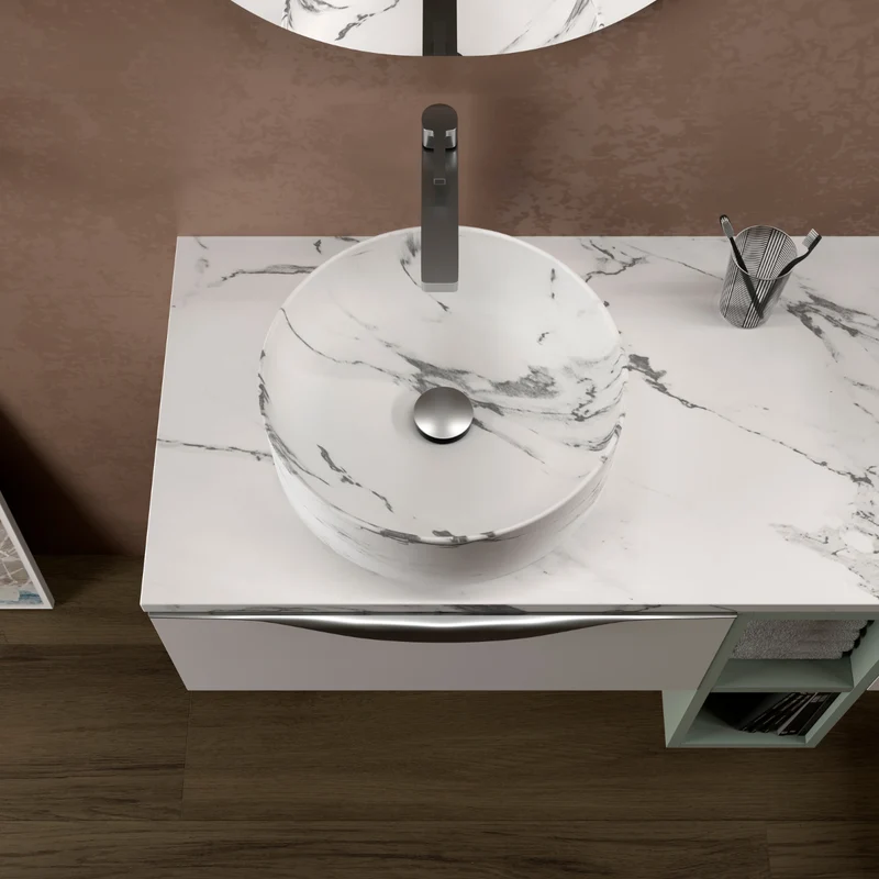 Aruba Lavabo Sobre Encimera Resina Carrara | Lavamanos Baño para Encimera Redondo | 37cm de Diámetro