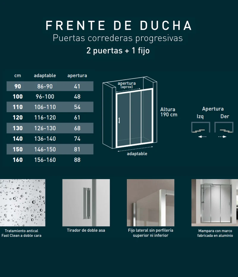 Monza Mampara Ducha Frontal Corredera 1 Puerta 1 Fijo | Vidrio 5mm Antical Alto 190cm | Reversible Izquierda / Derecha | Cromo Brillo