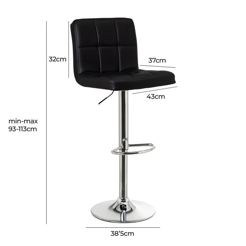 Taburete alto de cocina regulable en altura negro con respaldo alto