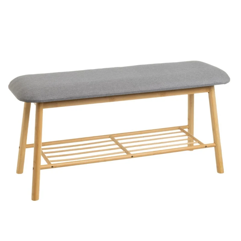 Banco zapatero de bambú marrón y poliéster gris para entrada, de 90x30x44cm