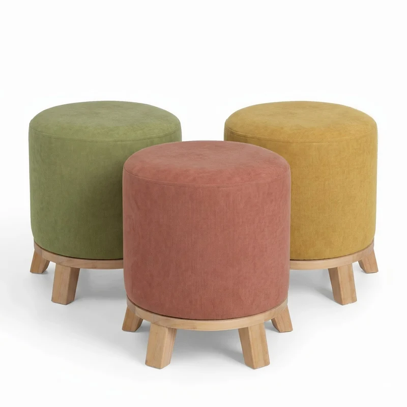 Puff redondo de madera y tejido de chenilla verde de 40x45 cm