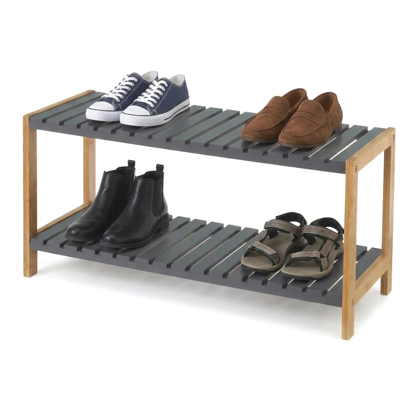 Estantería zapatero de bambú con 2 estantes laminados grises de 70x26x36 cm