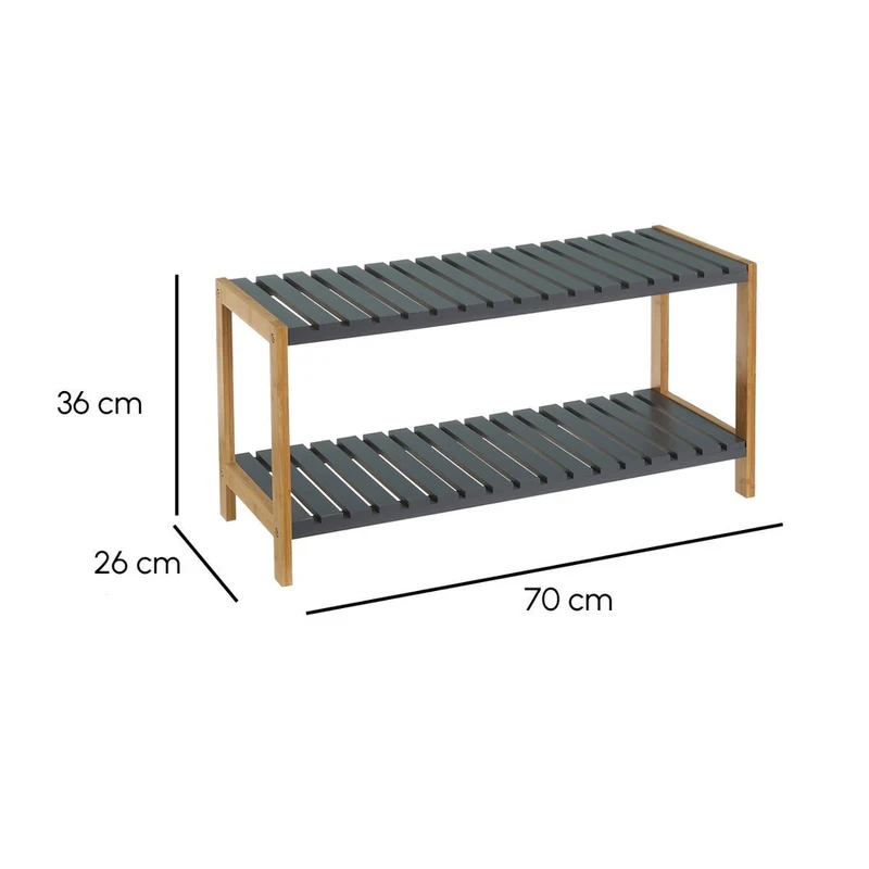 Estantería zapatero de bambú con 2 estantes laminados grises de 70x26x36 cm