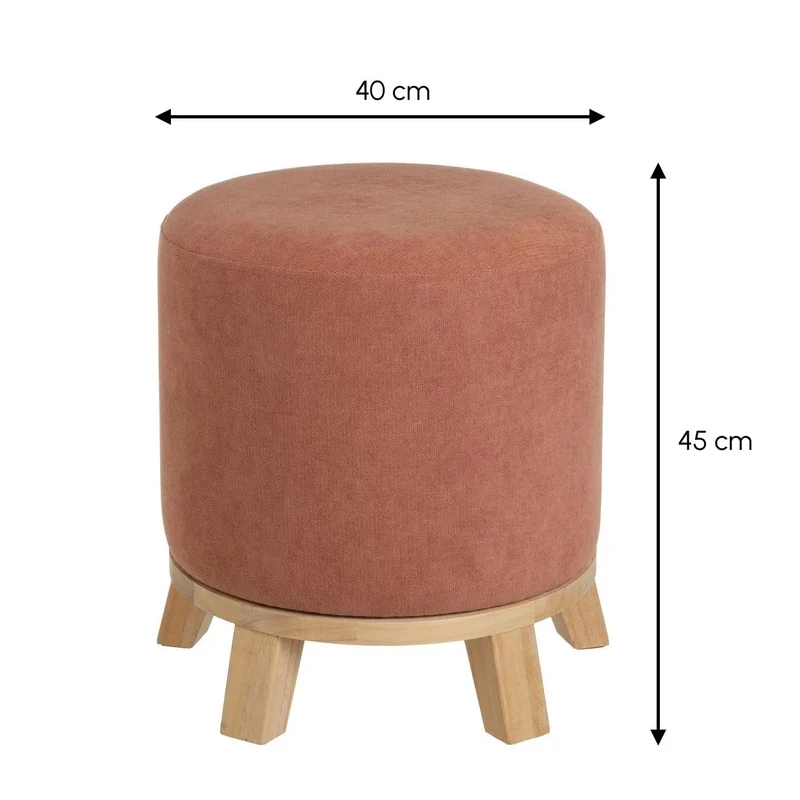 Puff redondo de madera y tejido de chenilla naranja de 40x45 cm