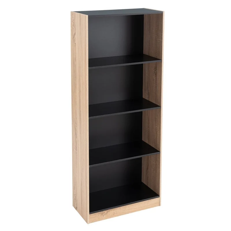 Librería de 4 estantes laminados color negro y roble de 60x29x147 cm
