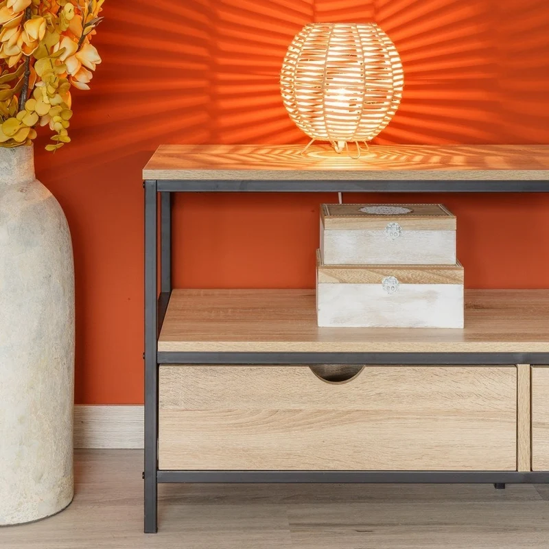 Mueble de TV de acero negro y madera laminada de 120x39x57 cm