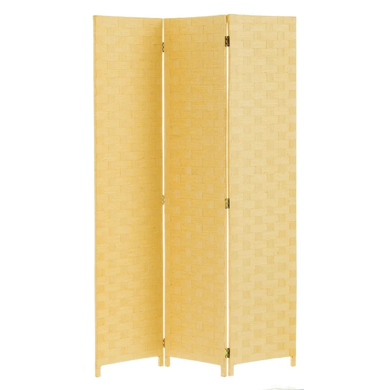 Biombo tríptico de papel trenzado color beige, plegable y de 120x175 cm