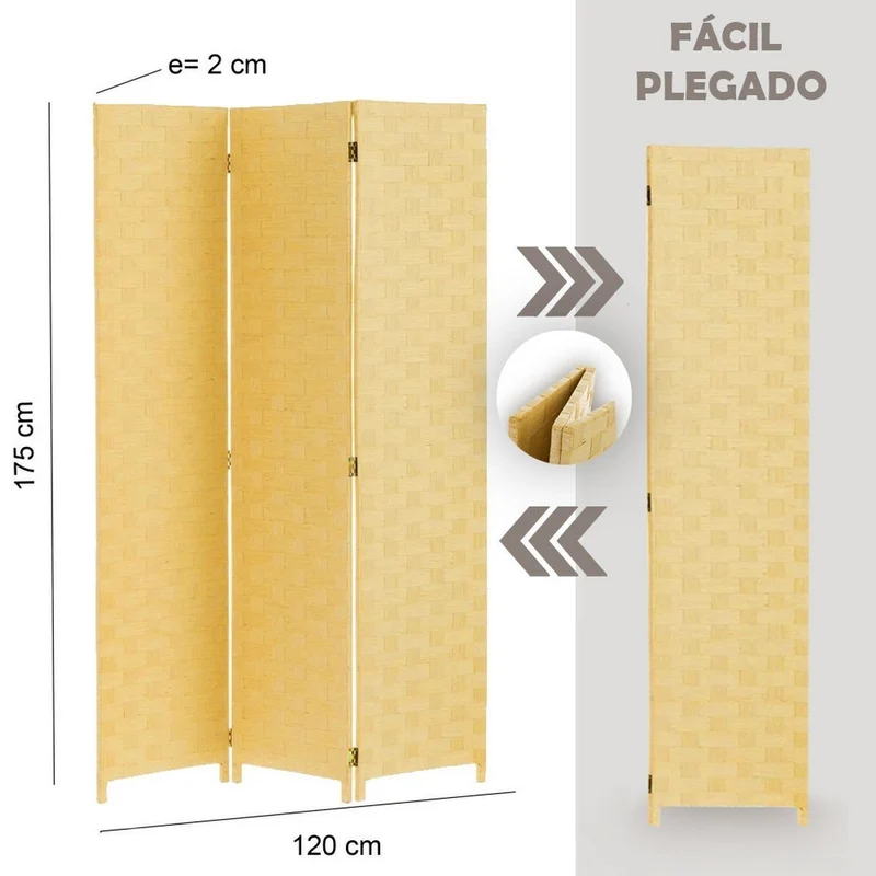 Biombo tríptico de papel trenzado color beige, plegable y de 120x175 cm