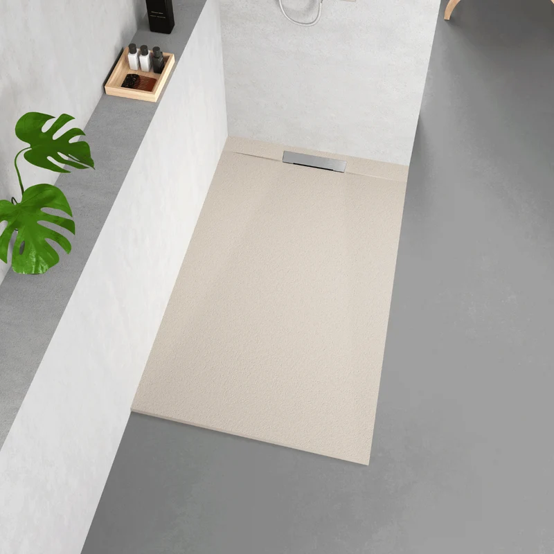 Gante Plato de Ducha de Resina Extraplano | Antideslizante | Válvula de Desagüe y Rejilla | Beige