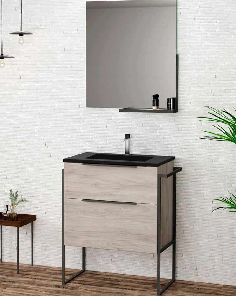 Galsaky Industrial Mueble de Baño Al Suelo con Lavabo Cerámico Negro | 2 cajones con Cierre Amortiguado y Organizador | Pino Gris