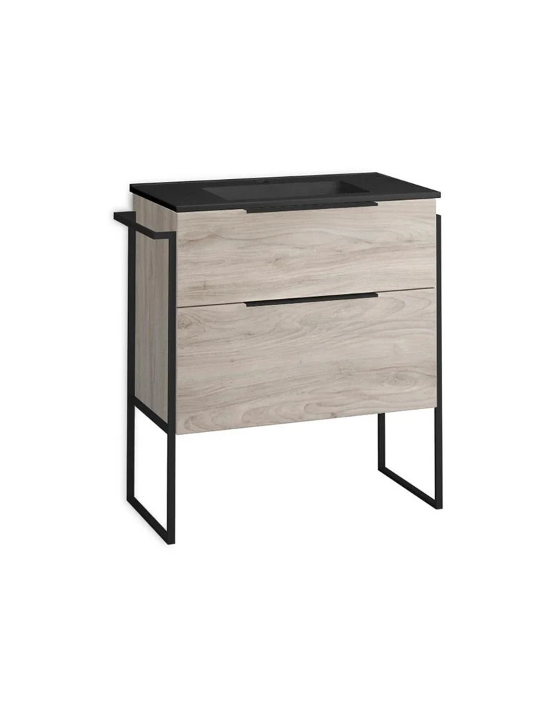 Galsaky Industrial Mueble de Baño Al Suelo con Lavabo Cerámico Negro | 2 cajones con Cierre Amortiguado y Organizador | Pino Gris