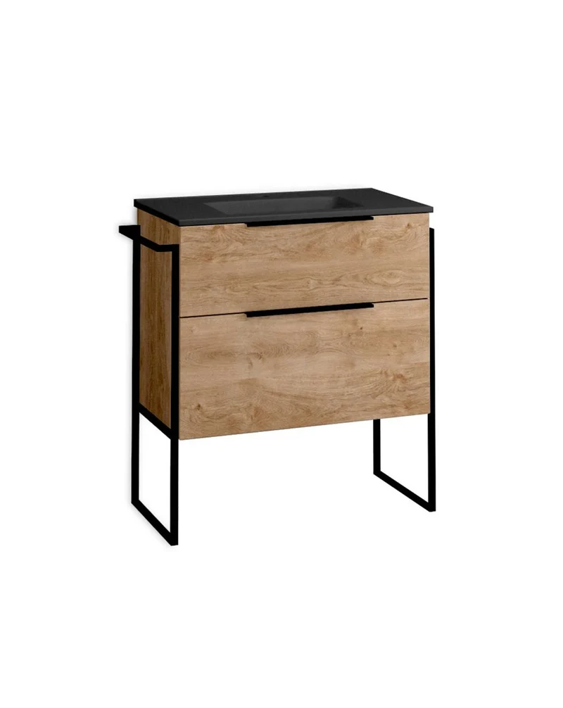 Galsaky Industrial Mueble de Baño Al Suelo con Lavabo Cerámico Negro | 2 cajones con Cierre Amortiguado y Organizador | Roble Natural