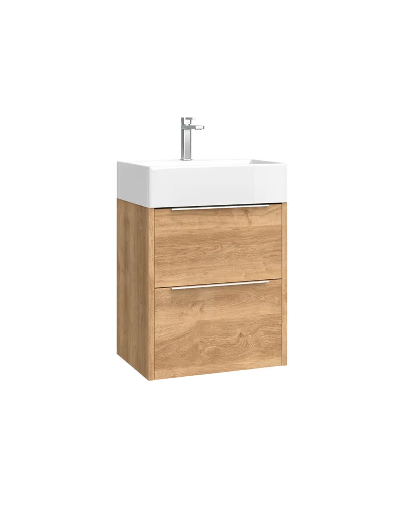 Bambi Mueble Baño Suspendido Fondo Reducido con Lavabo Cerámico 2 Cajones | 50cm Roble Natural