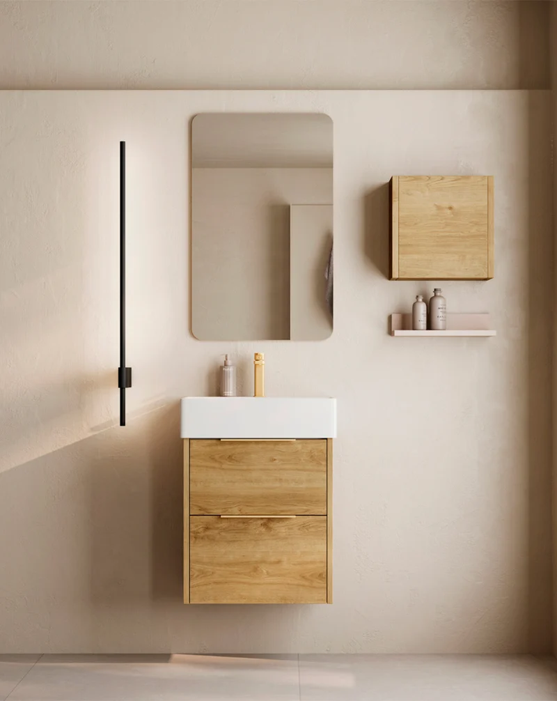 Bambi Mueble Baño Suspendido Fondo Reducido con Lavabo Cerámico 2 Cajones | 50cm Roble Natural