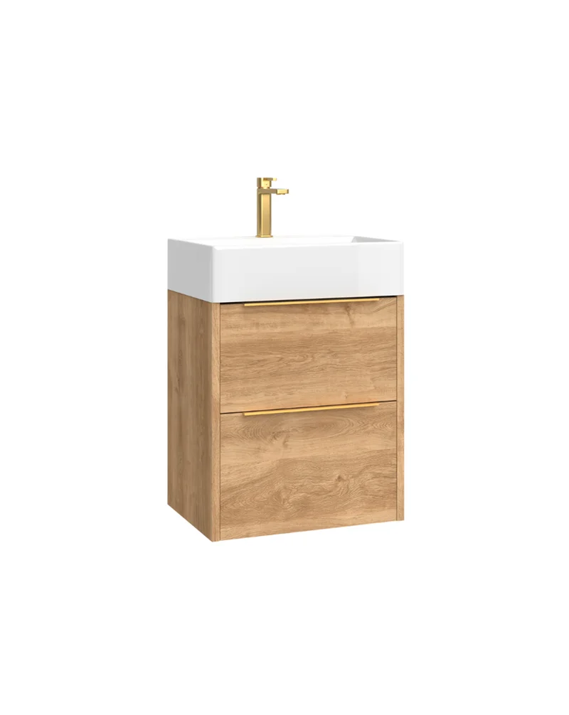 Bambi Mueble Baño Suspendido Fondo Reducido con Lavabo Cerámico 2 Cajones | 50cm Roble Natural