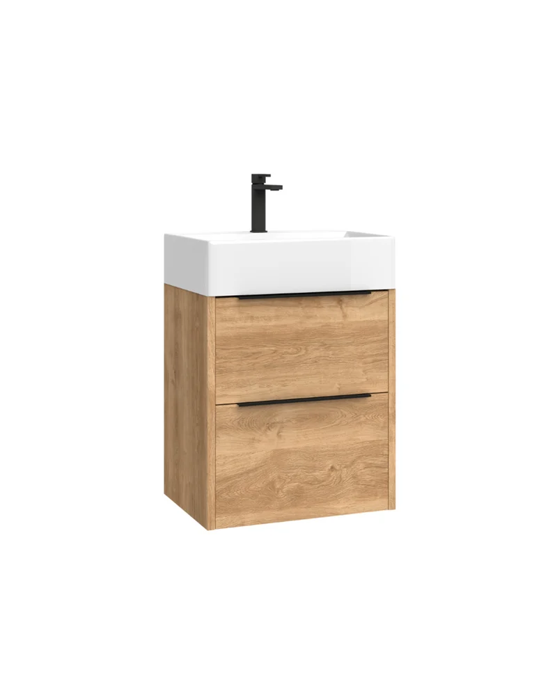 Bambi Mueble Baño Suspendido Fondo Reducido con Lavabo Cerámico 2 Cajones | 50cm Roble Natural