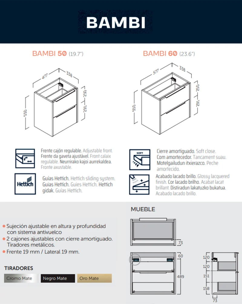 Bambi Mueble Baño Suspendido Fondo Reducido con Lavabo Cerámico 2 Cajones | 50cm Moka Mate