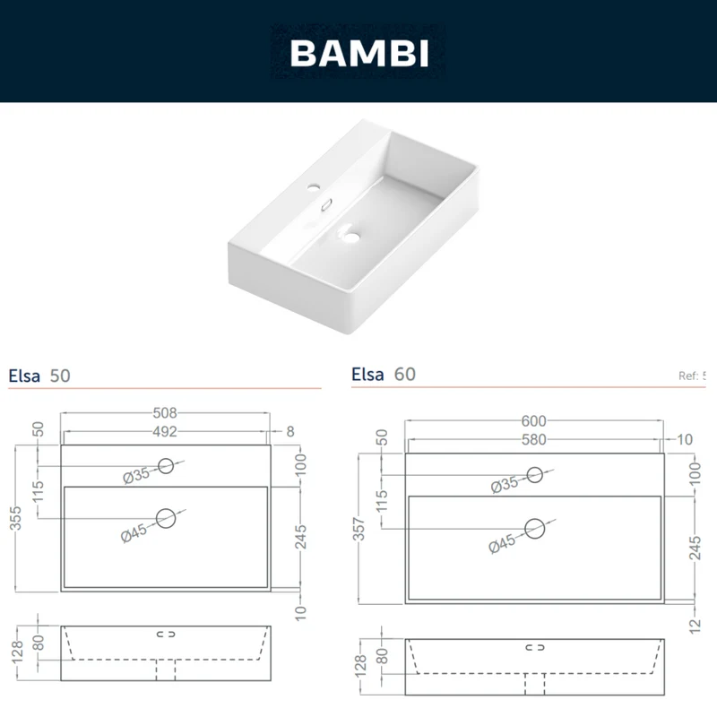 Bambi Mueble Baño Suspendido Fondo Reducido con Lavabo Cerámico 2 Cajones | 50cm Moka Mate