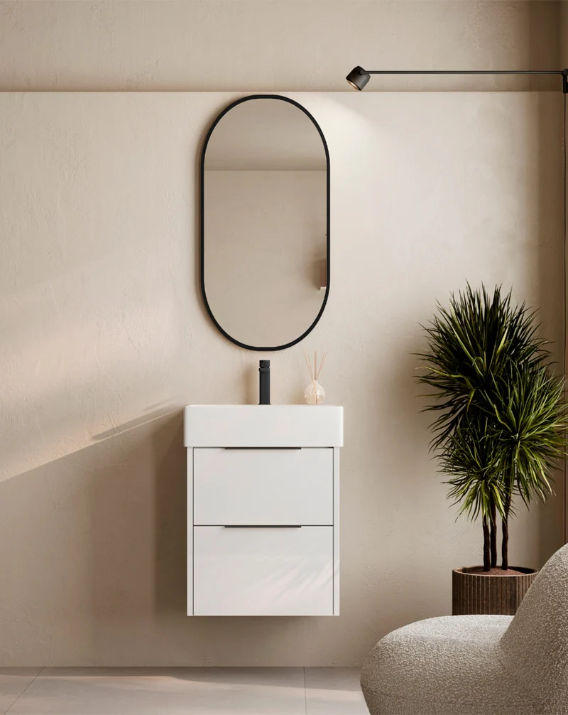 Bambi Mueble Baño Suspendido Fondo Reducido con Lavabo Cerámico 2 Cajones | 50cm Blanco Brillo
