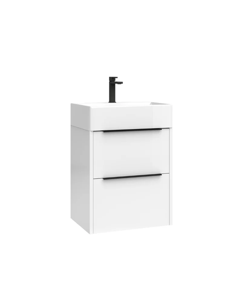 Bambi Mueble Baño Suspendido Fondo Reducido con Lavabo Cerámico 2 Cajones | 50cm Blanco Brillo