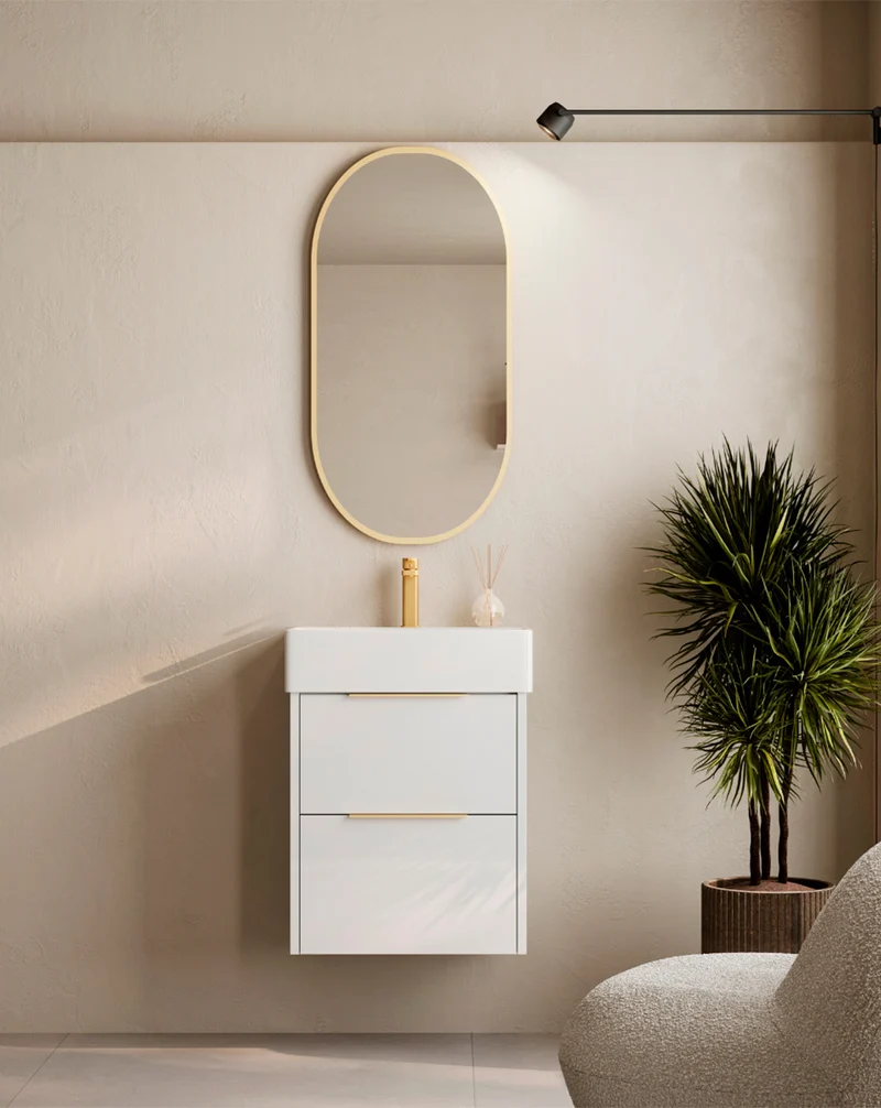 Bambi Mueble Baño Suspendido Fondo Reducido con Lavabo Cerámico 2 Cajones | 50cm Blanco Brillo
