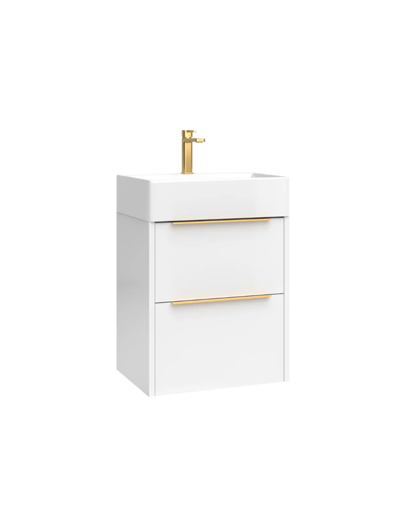 Bambi Mueble Baño Suspendido Fondo Reducido con Lavabo Cerámico 2 Cajones | 50cm Blanco Brillo