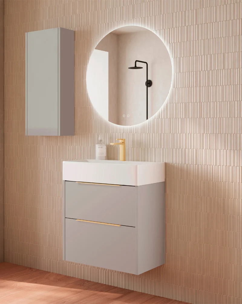 Bambi Mueble Baño Suspendido Fondo Reducido con Lavabo Cerámico 2 Cajones | 60cm Moka Mate