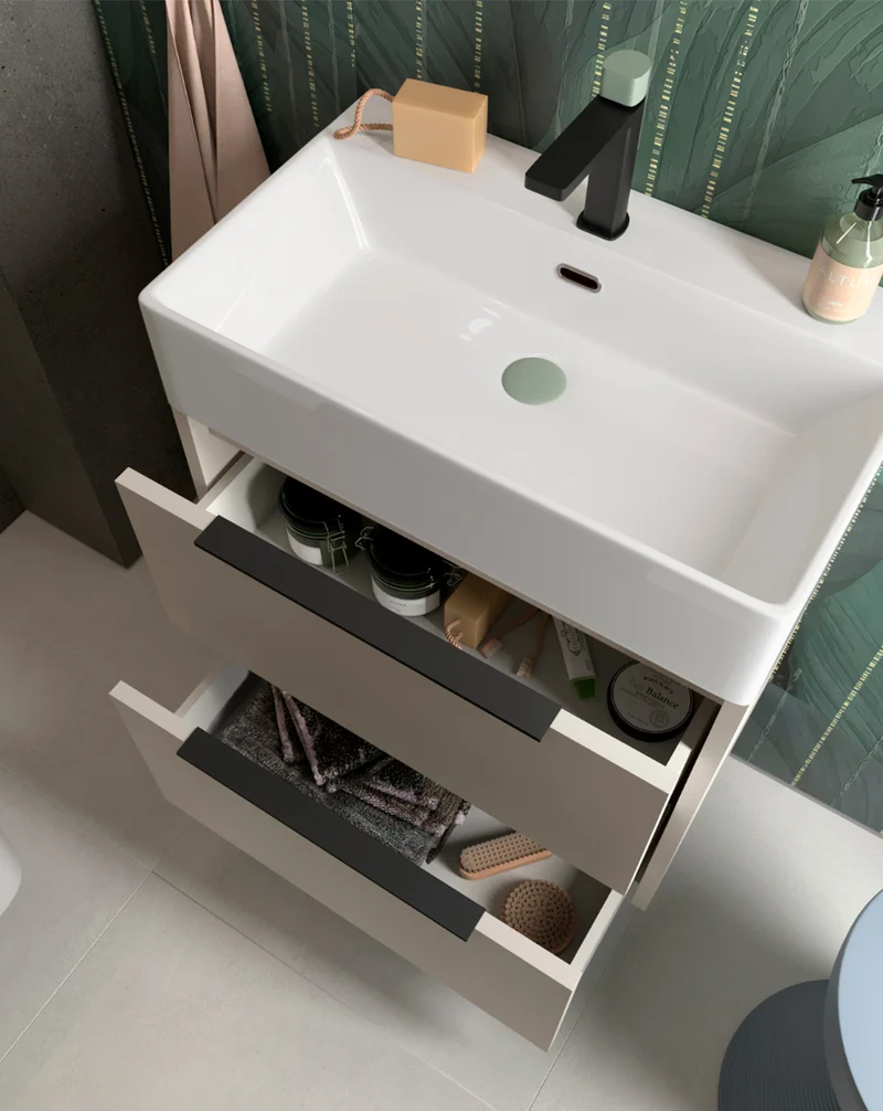 Bambi Mueble Baño Suspendido Fondo Reducido con Lavabo Cerámico 2 Cajones | 60cm Moka Mate