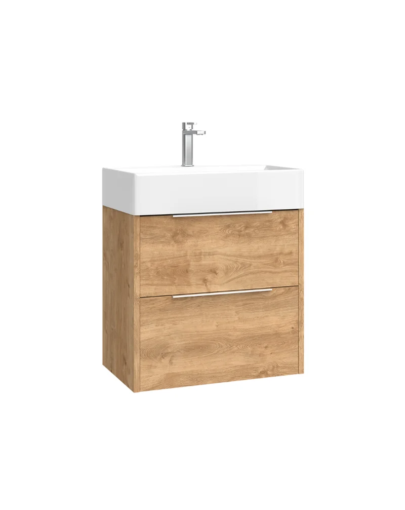 Bambi Mueble Baño Suspendido Fondo Reducido con Lavabo Cerámico 2 Cajones | 60cm Roble Natural
