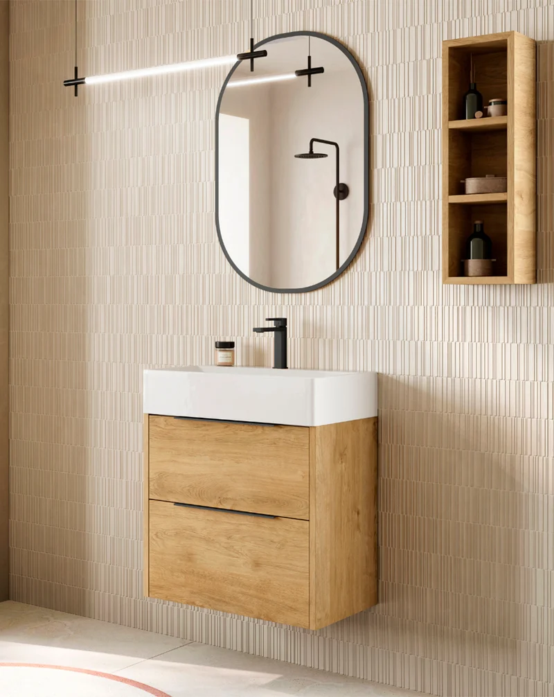 Bambi Mueble Baño Suspendido Fondo Reducido con Lavabo Cerámico 2 Cajones | 60cm Roble Natural
