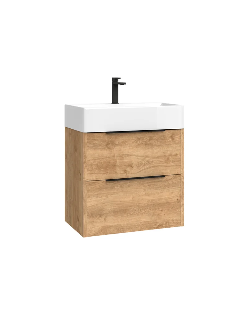 Bambi Mueble Baño Suspendido Fondo Reducido con Lavabo Cerámico 2 Cajones | 60cm Roble Natural
