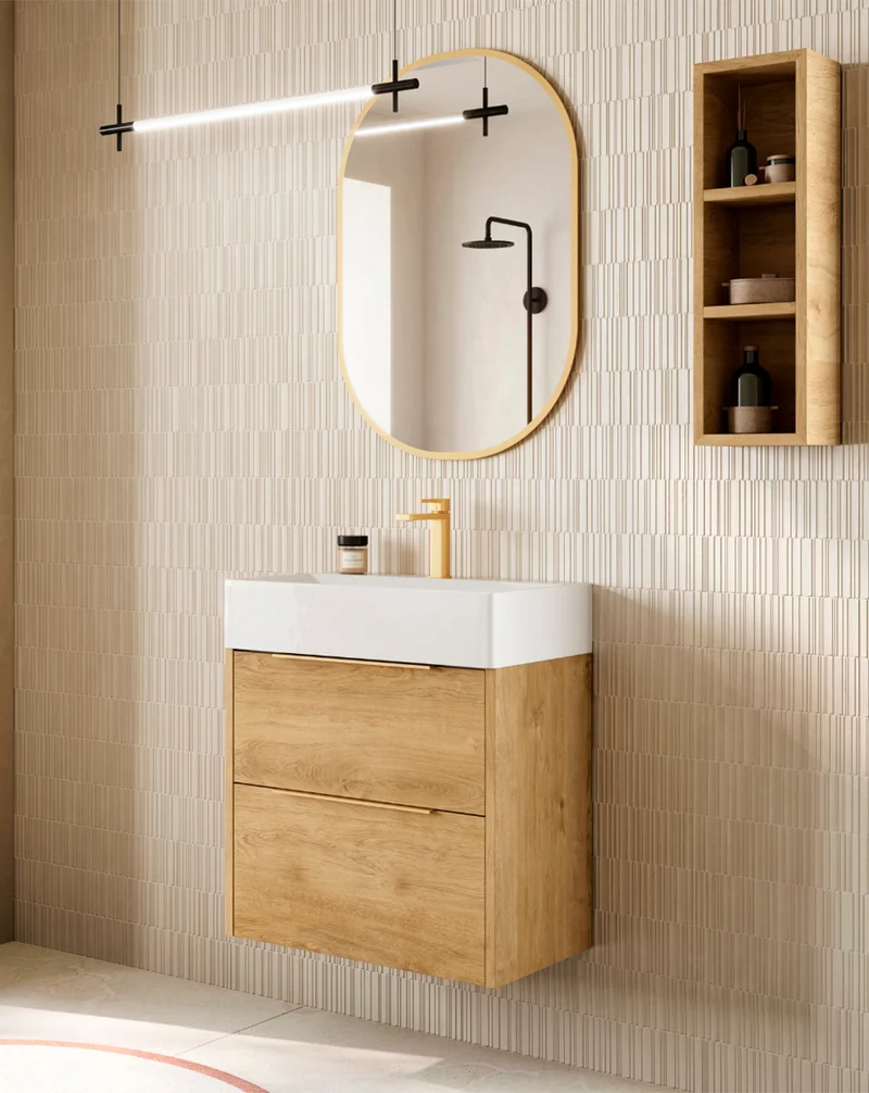 Bambi Mueble Baño Suspendido Fondo Reducido con Lavabo Cerámico 2 Cajones | 60cm Roble Natural