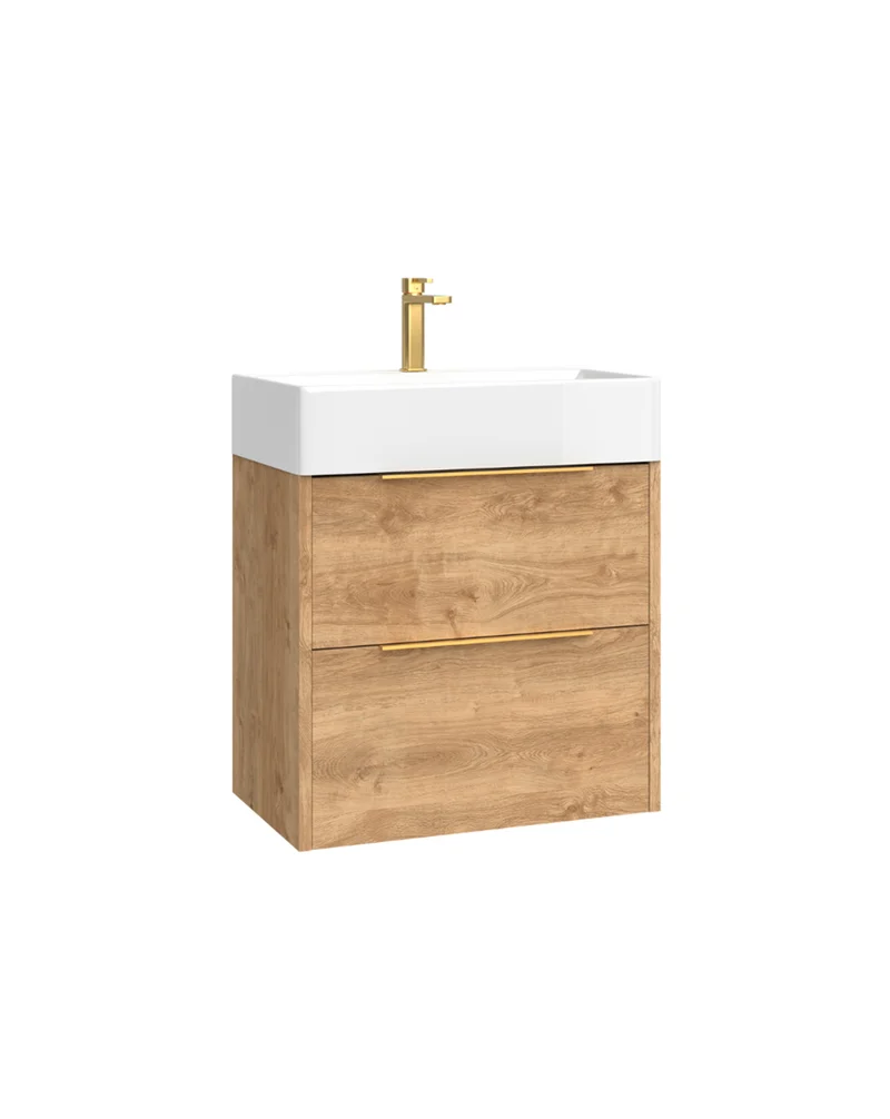 Bambi Mueble Baño Suspendido Fondo Reducido con Lavabo Cerámico 2 Cajones | 60cm Roble Natural