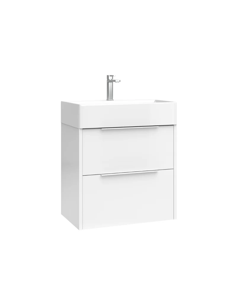 Bambi Mueble Baño Suspendido Fondo Reducido con Lavabo Cerámico 2 Cajones | 60cm Blanco Brillo