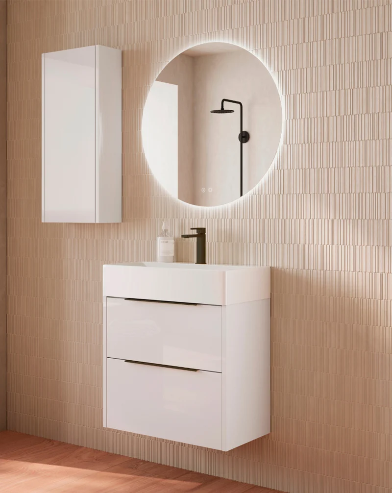 Bambi Mueble Baño Suspendido Fondo Reducido con Lavabo Cerámico 2 Cajones | 60cm Blanco Brillo